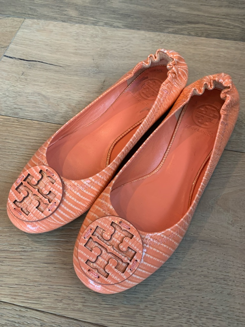 Tory Burch Tart Orange Reva Patent Lizard Flat